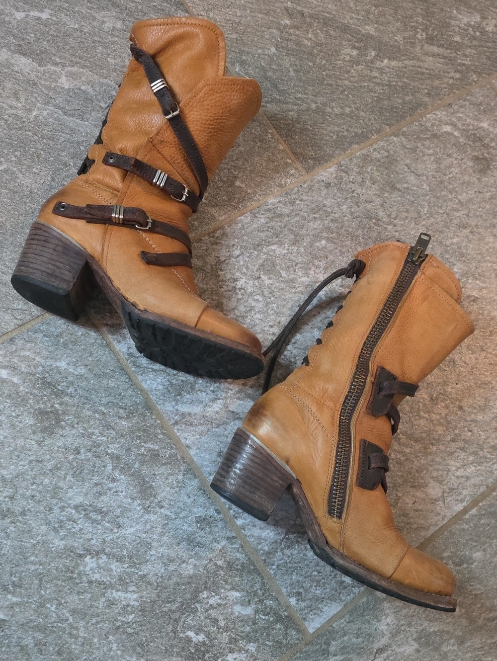 Freebird Cora Tan Leather Buckle Boots - Brown Strap Detail Size 8 - Picture 7 of 15